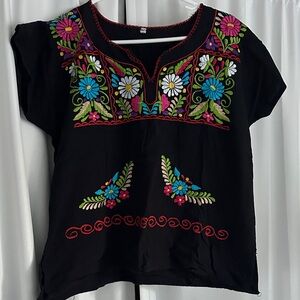 Oaxacan Vibrant Floral Embroidered Black Blouse